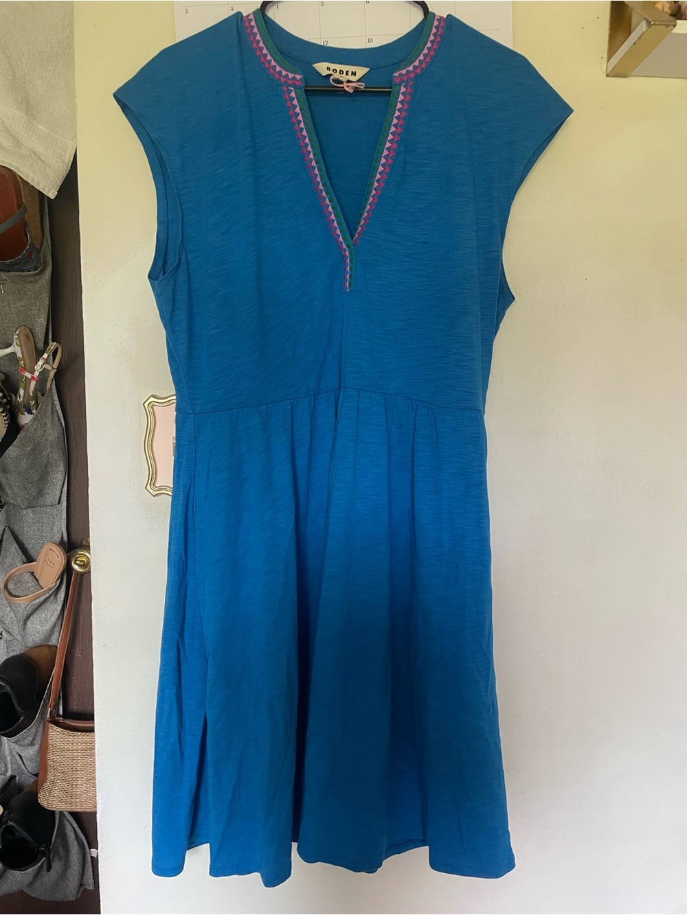 Boden Teal Blue V-Neck Embroidered Casual Dress